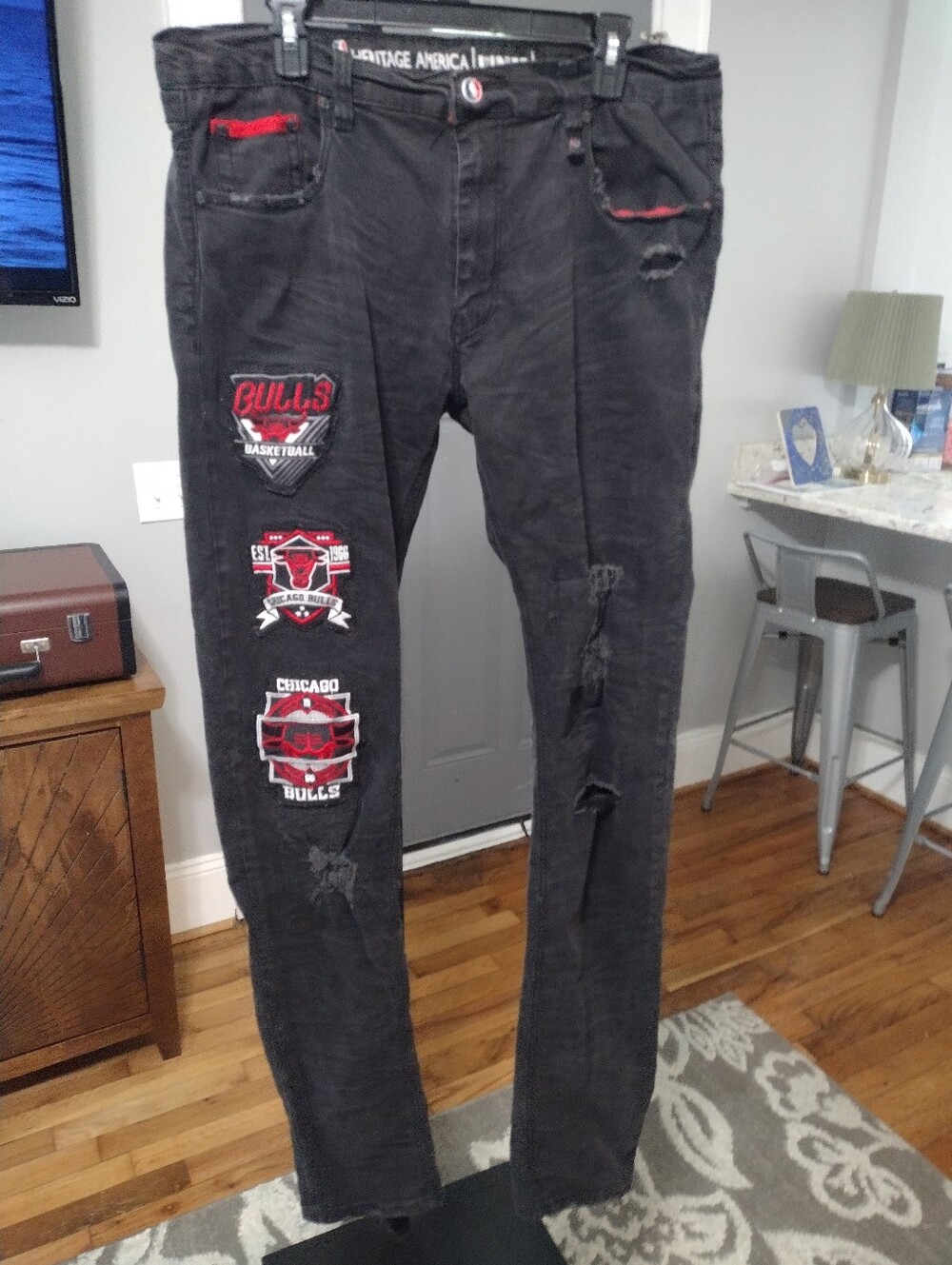 Heritage America Unk Black Stacked Slim Jeans with Nba Chicago Bulls Patches